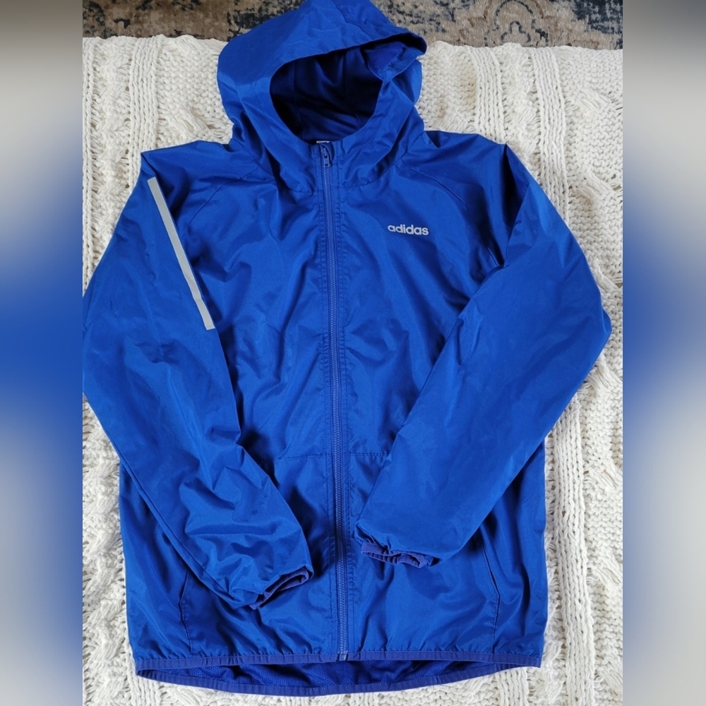 Adidas Youth 14/16 Hooded Zip Up Windbreaker‎ Jacket Royal Blue Color